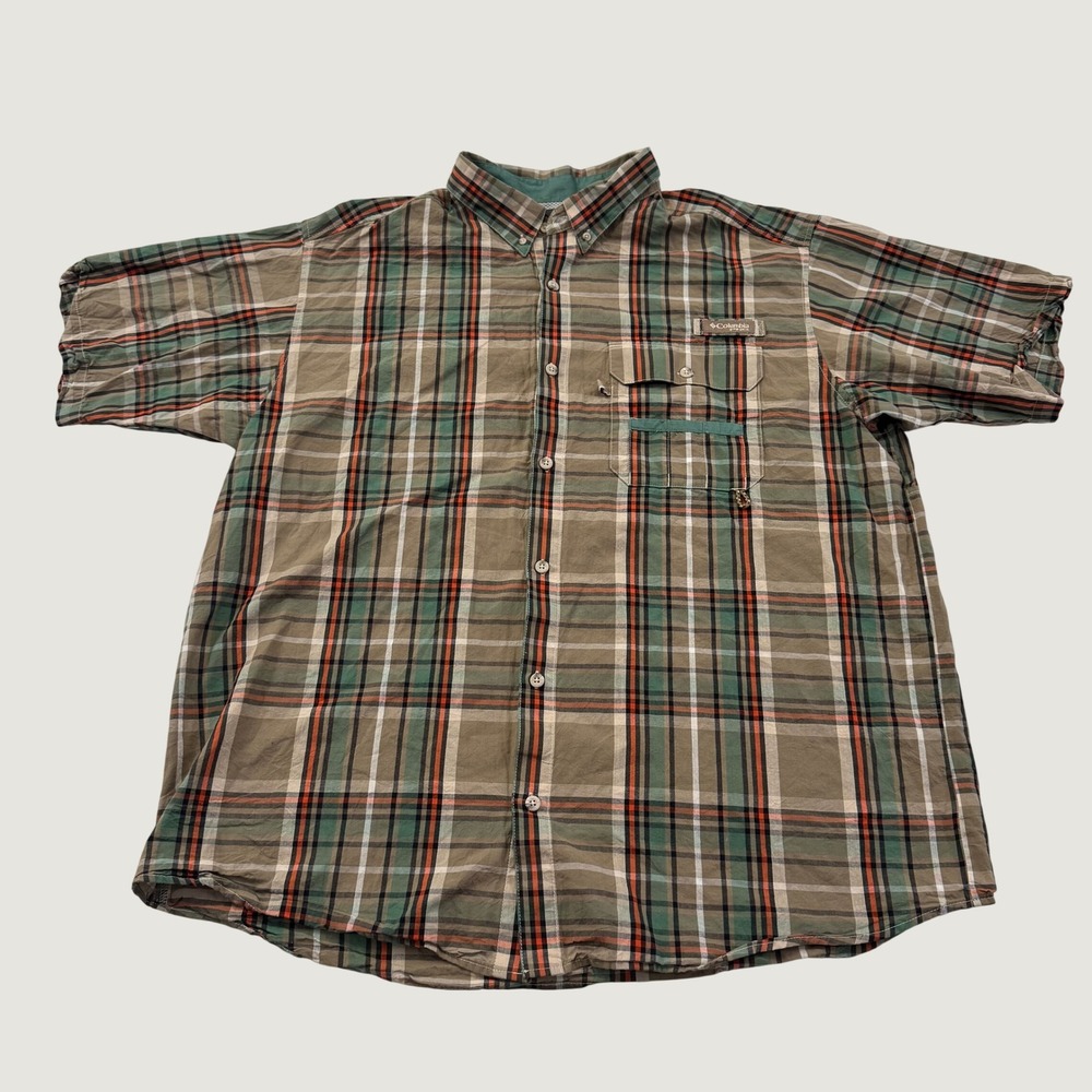 Columbia PHG Shirt Mens XXL Brown Green Plaid Vented Short Sleeve Cotton